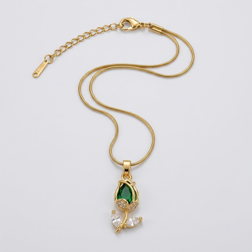 Vibrant Emerald Pear Crystal Tulip Stem Necklace - View 7 | ANUSI 18K Gold Jewelry