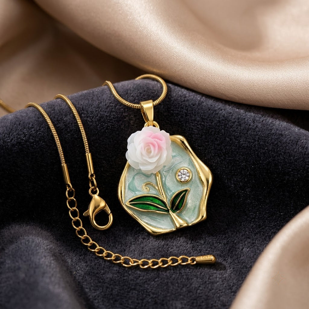 Hexagonal Water Lily Enamel Art Medallion Necklace - View 1 | ANUSI 18K Gold Jewelry
