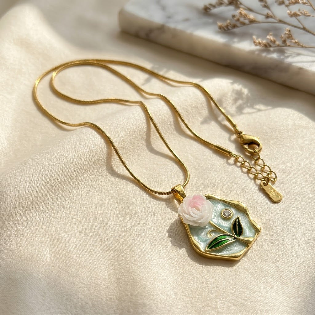 Hexagonal Water Lily Enamel Art Medallion Necklace - View 3 | ANUSI 18K Gold Jewelry