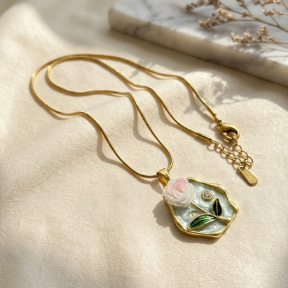 Hexagonal Water Lily Enamel Art Medallion Necklace - View 3 | ANUSI 18K Gold Jewelry