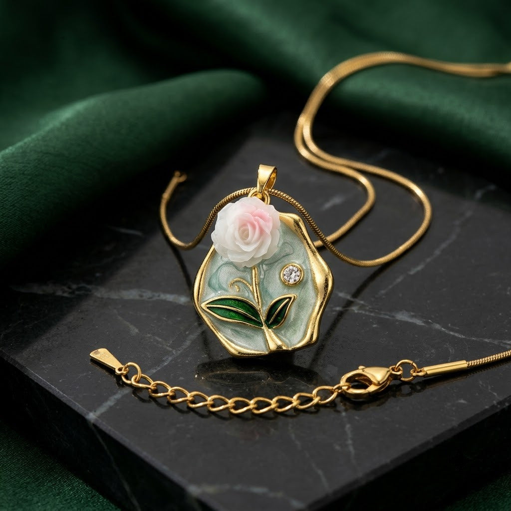 Hexagonal Water Lily Enamel Art Medallion Necklace - View 2 | ANUSI 18K Gold Jewelry