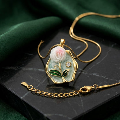 Hexagonal Water Lily Enamel Art Medallion Necklace - View 2 | ANUSI 18K Gold Jewelry