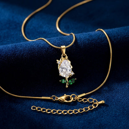 Solitaire Pear Crystal & Emerald Rosebud Necklace - View 1 | ANUSI 18K Gold Jewelry