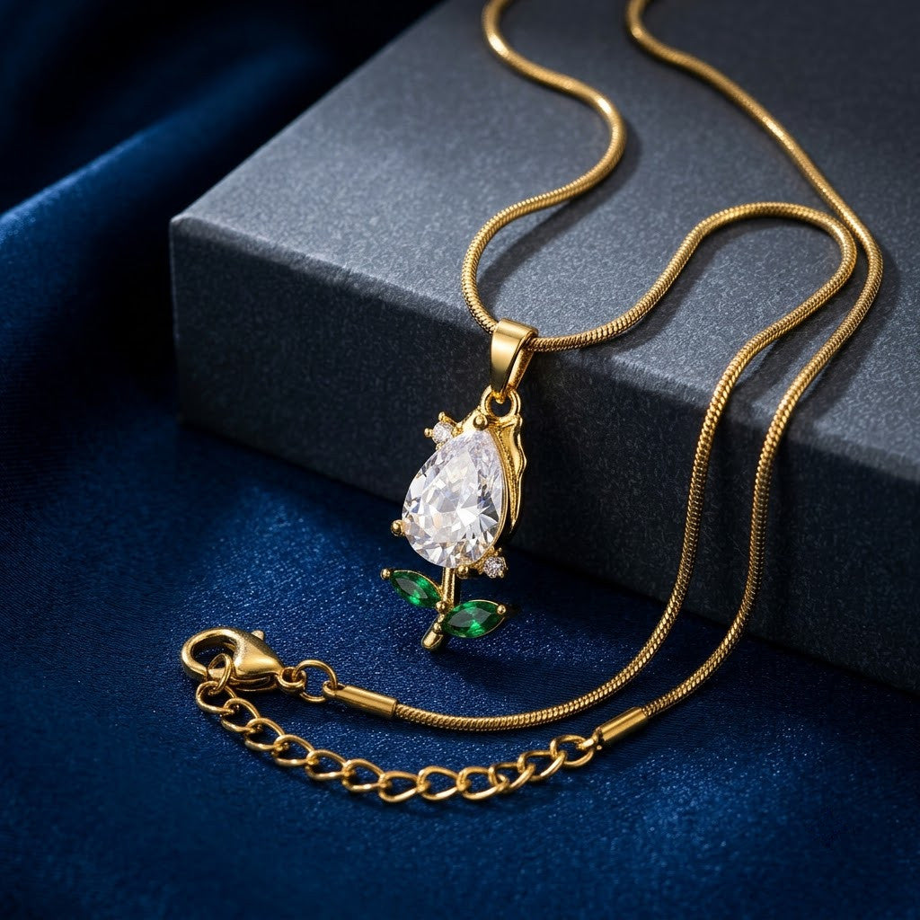 Solitaire Pear Crystal & Emerald Rosebud Necklace - View 2 | ANUSI 18K Gold Jewelry