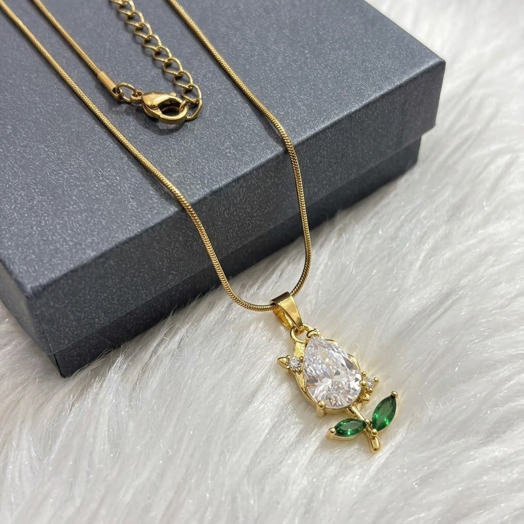 Solitaire Pear Crystal & Emerald Rosebud Necklace - View 3 | ANUSI 18K Gold Jewelry