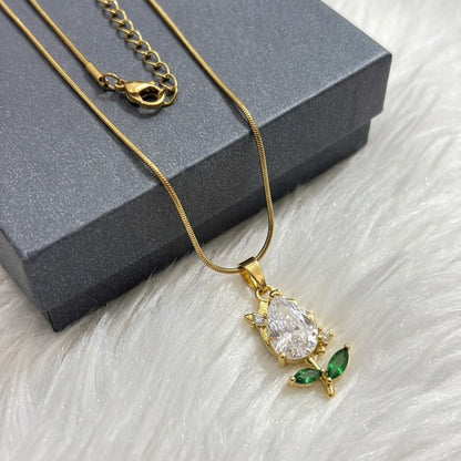 Solitaire Pear Crystal & Emerald Rosebud Necklace - View 3 | ANUSI 18K Gold Jewelry