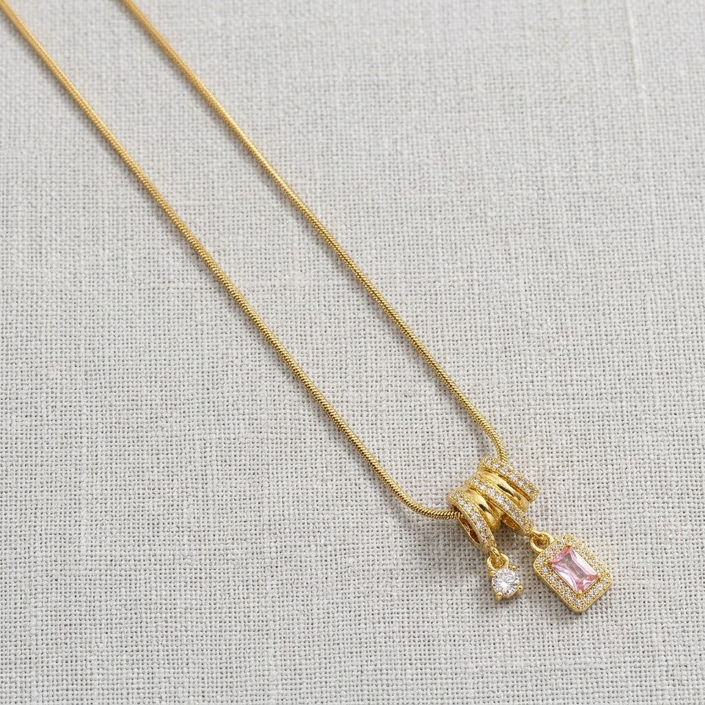 Blush Pink Tourmaline Baguette Crystal Drop Necklace - View 8 | ANUSI 18K Gold Jewelry