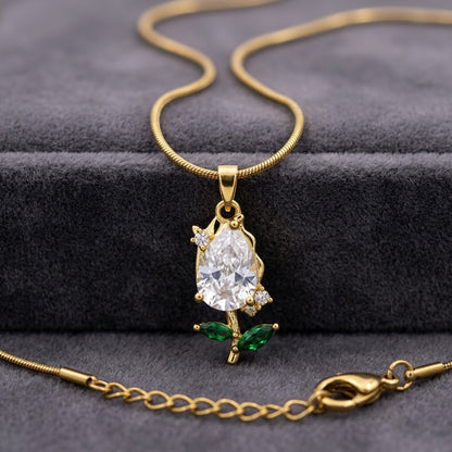 Solitaire Pear Crystal & Emerald Rosebud Necklace - View 4 | ANUSI 18K Gold Jewelry
