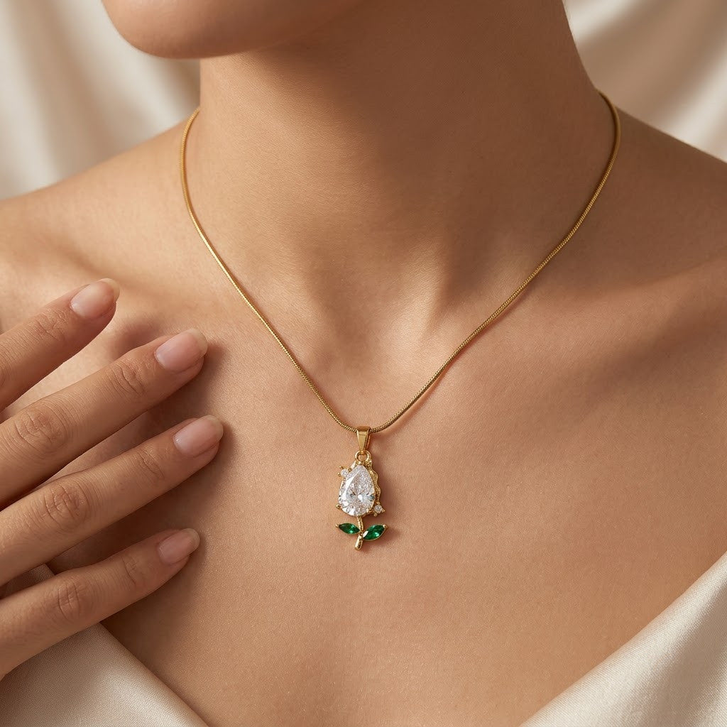 Solitaire Pear Crystal & Emerald Rosebud Necklace - View 5 | ANUSI 18K Gold Jewelry