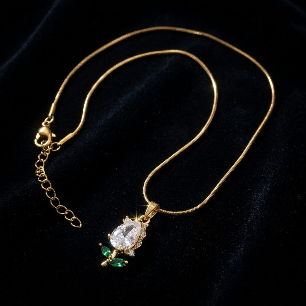 Solitaire Pear Crystal & Emerald Rosebud Necklace - View 6 | ANUSI 18K Gold Jewelry