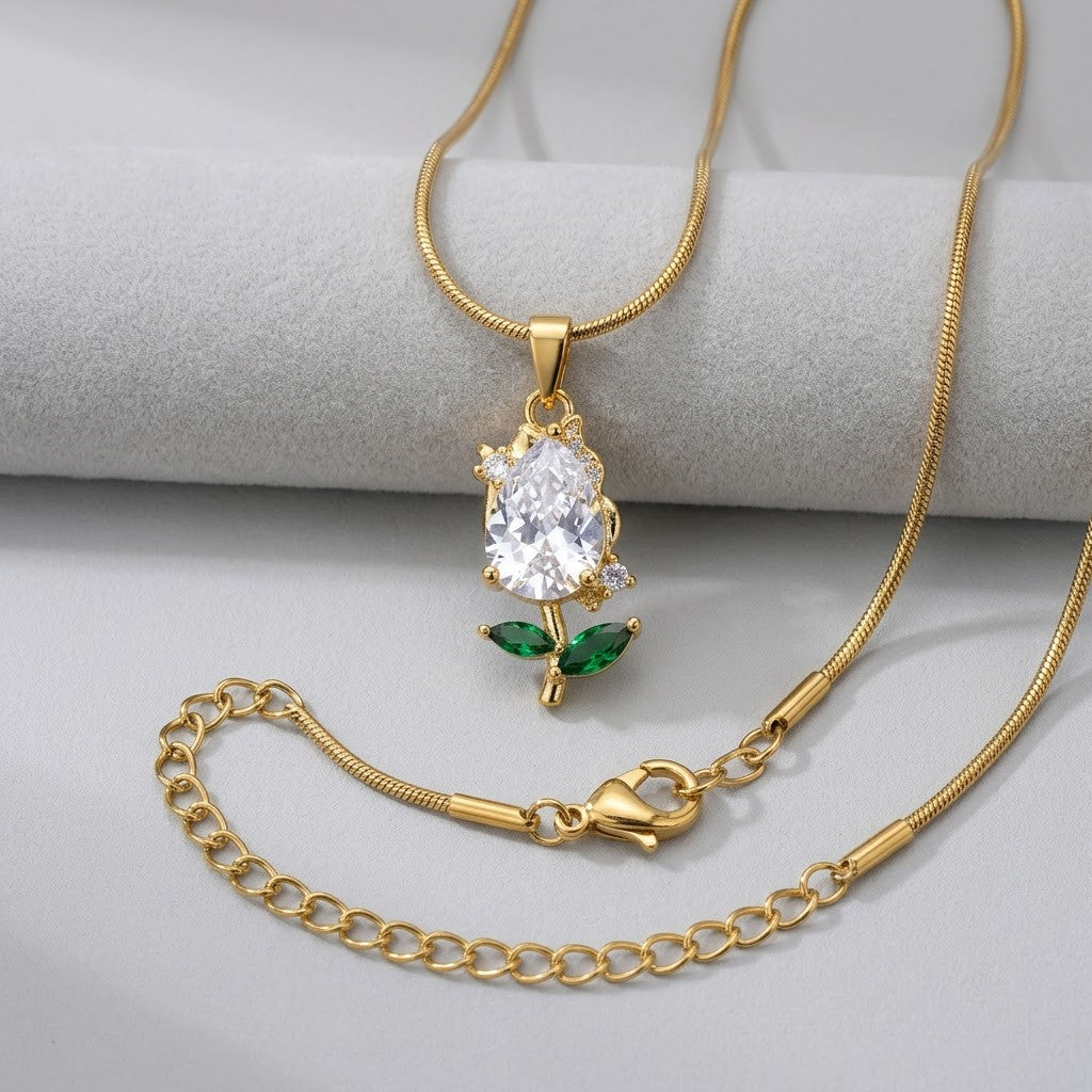 Solitaire Pear Crystal & Emerald Rosebud Necklace - View 7 | ANUSI 18K Gold Jewelry