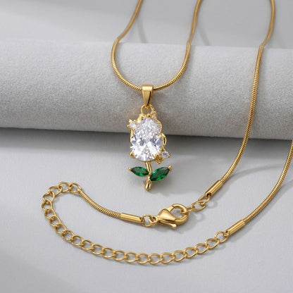 Solitaire Pear Crystal & Emerald Rosebud Necklace - View 7 | ANUSI 18K Gold Jewelry