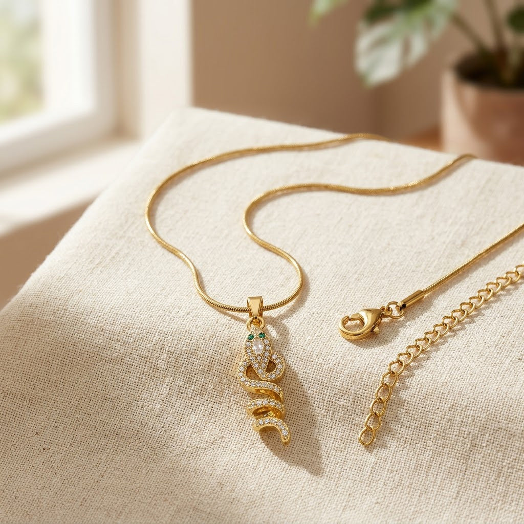 Coiled Serpent Pavé Crystal Snake Pendant Necklace - View 3 | ANUSI 18K Gold Jewelry