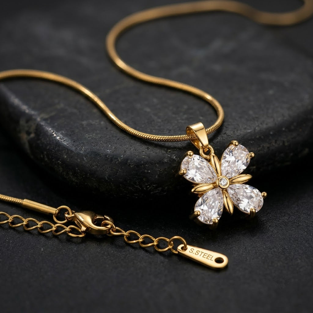 Four-Petal Diamond Marquise Crystal Blossom Necklace - View 4 | ANUSI 18K Gold Jewelry