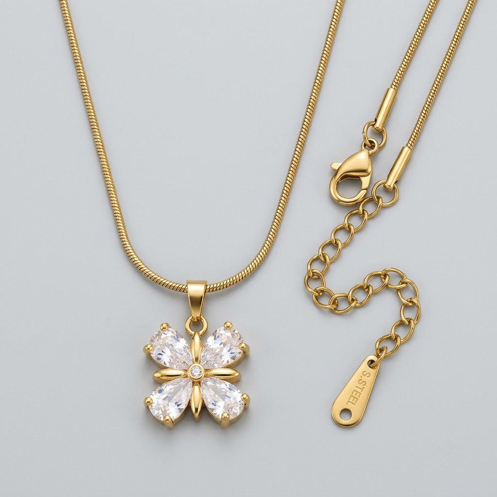 Four-Petal Diamond Marquise Crystal Blossom Necklace - View 7 | ANUSI 18K Gold Jewelry