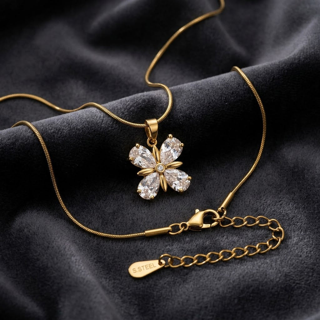 Four-Petal Diamond Marquise Crystal Blossom Necklace - View 2 | ANUSI 18K Gold Jewelry
