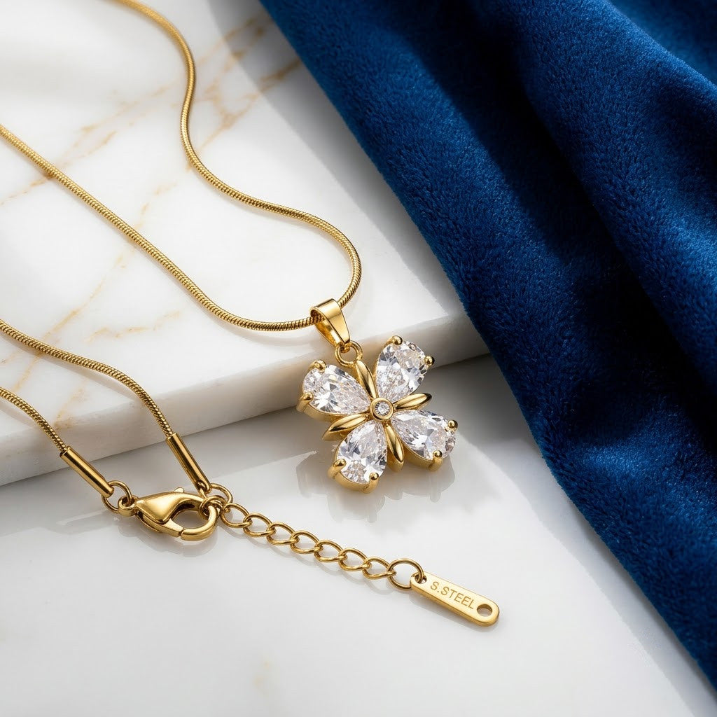 Four-Petal Diamond Marquise Crystal Blossom Necklace - View 1 | ANUSI 18K Gold Jewelry