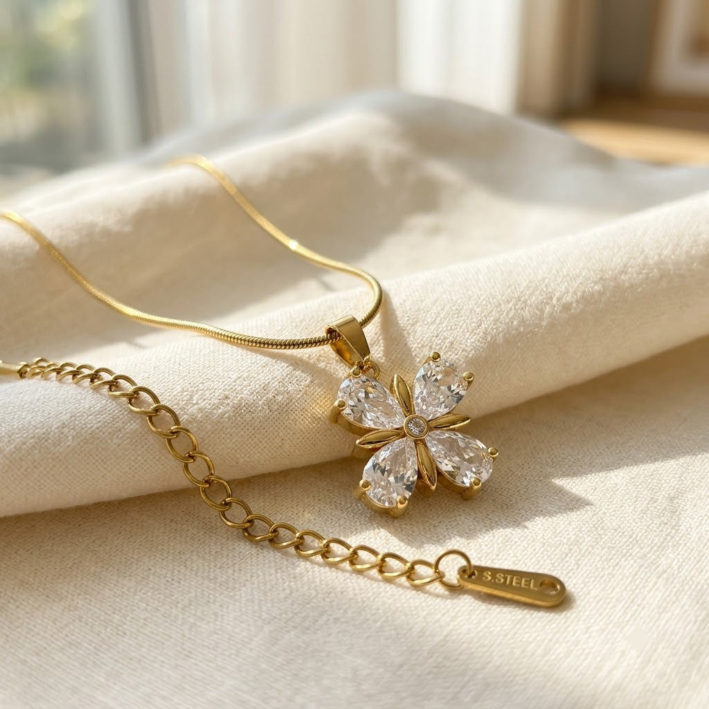 Four-Petal Diamond Marquise Crystal Blossom Necklace - View 3 | ANUSI 18K Gold Jewelry