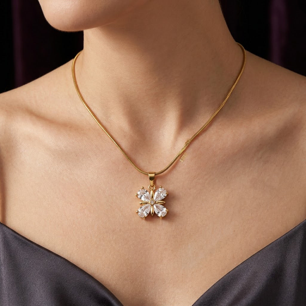 Four-Petal Diamond Marquise Crystal Blossom Necklace - View 5 | ANUSI 18K Gold Jewelry