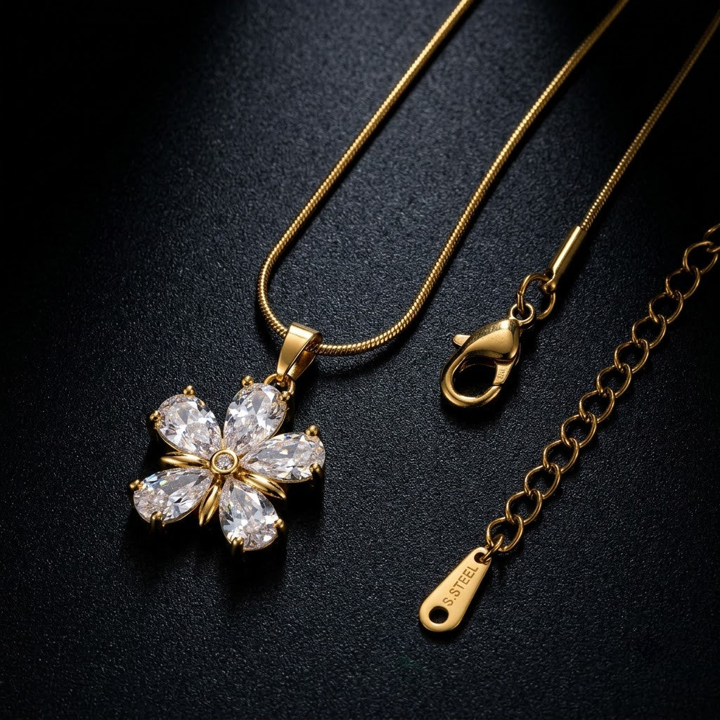 Four-Petal Diamond Marquise Crystal Blossom Necklace - View 6 | ANUSI 18K Gold Jewelry