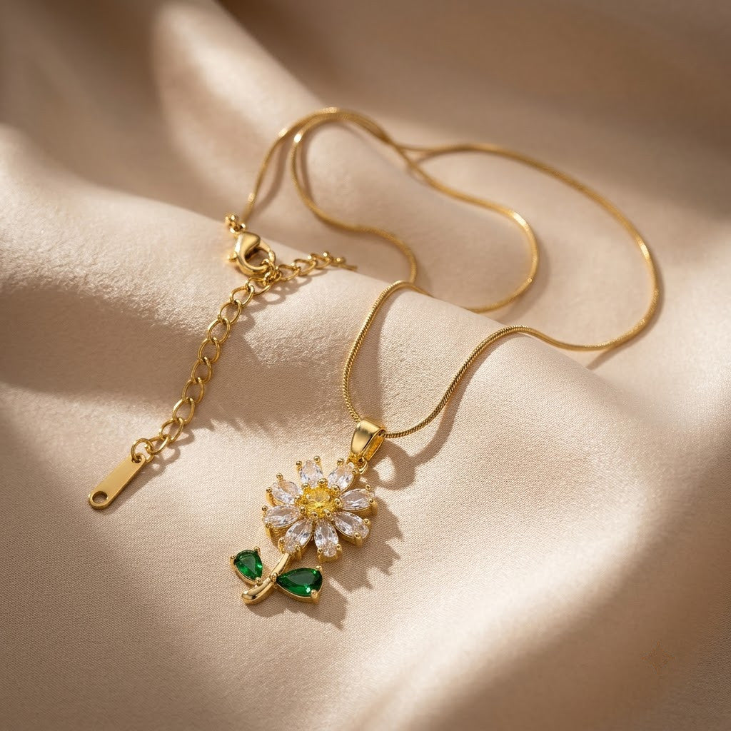 Crystal Daisy Solitaire & Emerald Leaf Stem Necklace - View 1 | ANUSI 18K Gold Jewelry