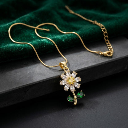 Crystal Daisy Solitaire & Emerald Leaf Stem Necklace - View 2 | ANUSI 18K Gold Jewelry