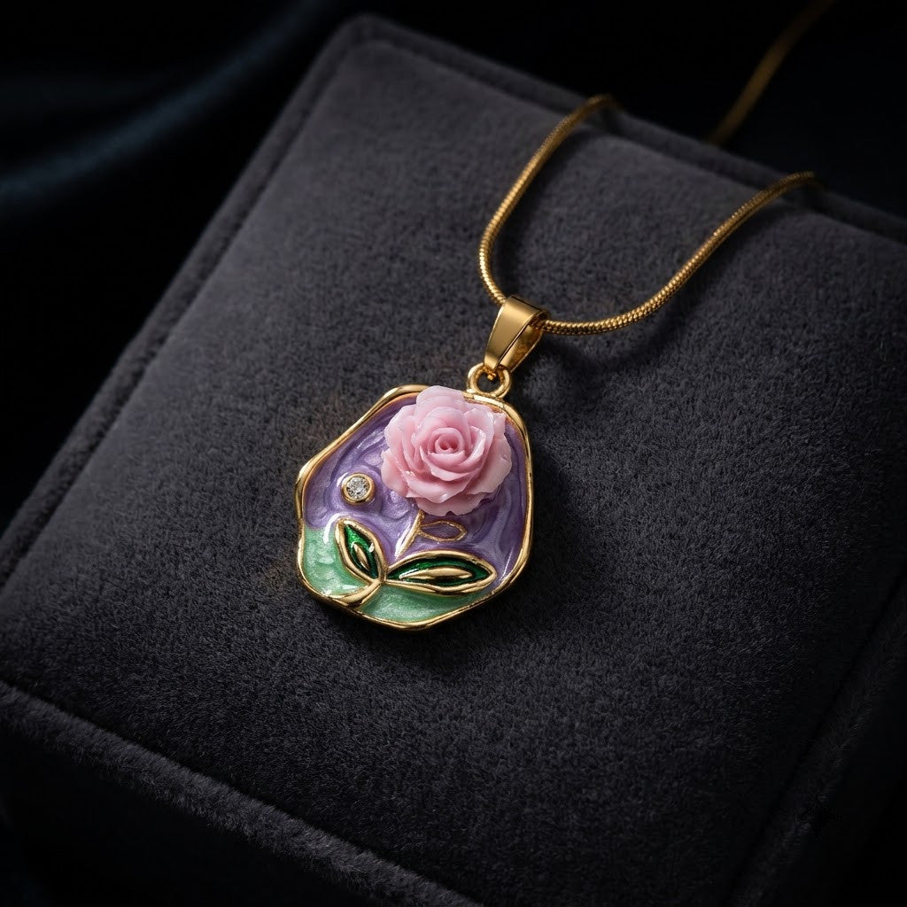 Vintage Lavender Rose Floral Medallion Necklace - View 6 | ANUSI 18K Gold Jewelry
