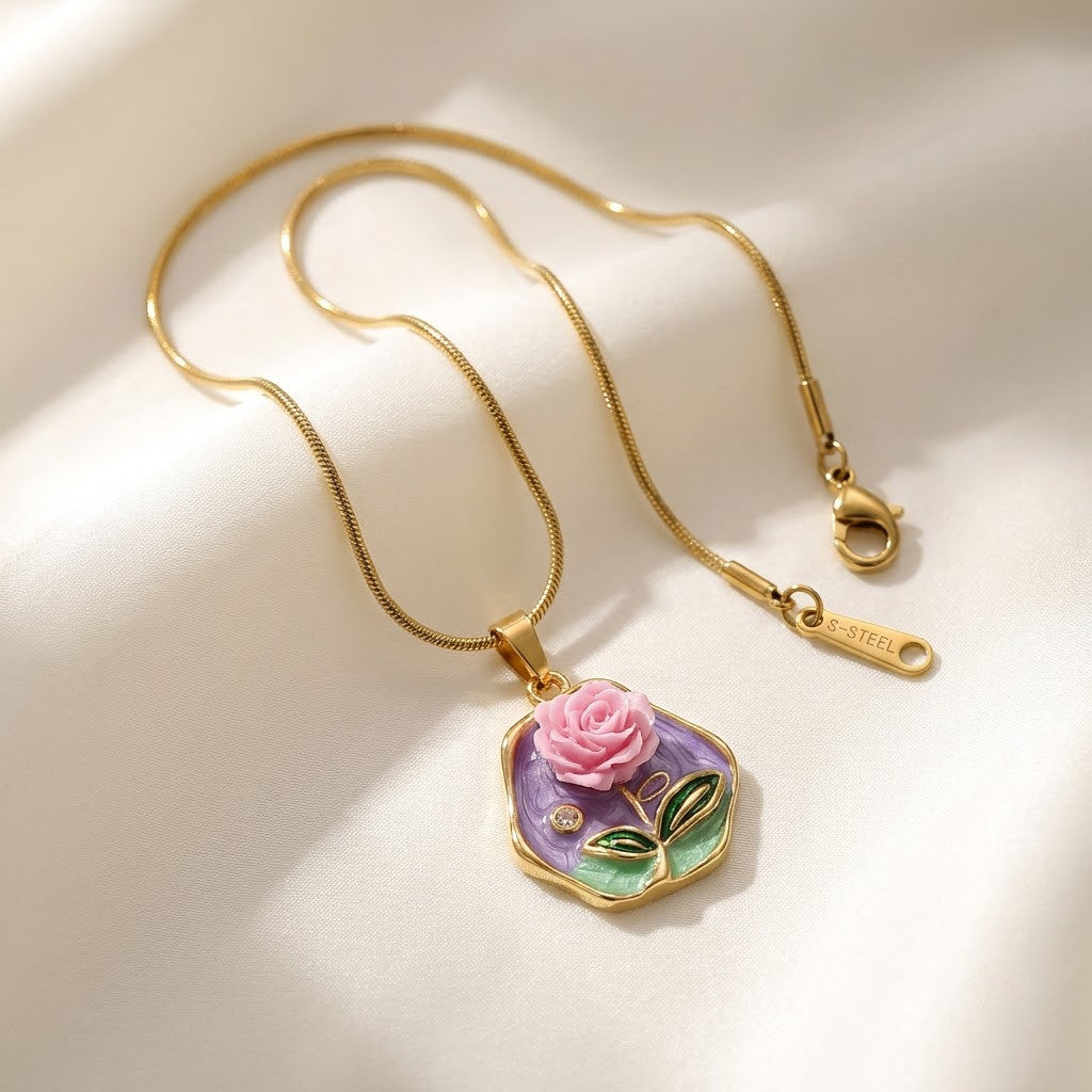 Vintage Lavender Rose Floral Medallion Necklace - View 3 | ANUSI 18K Gold Jewelry