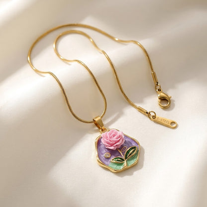 Vintage Lavender Rose Floral Medallion Necklace - View 3 | ANUSI 18K Gold Jewelry