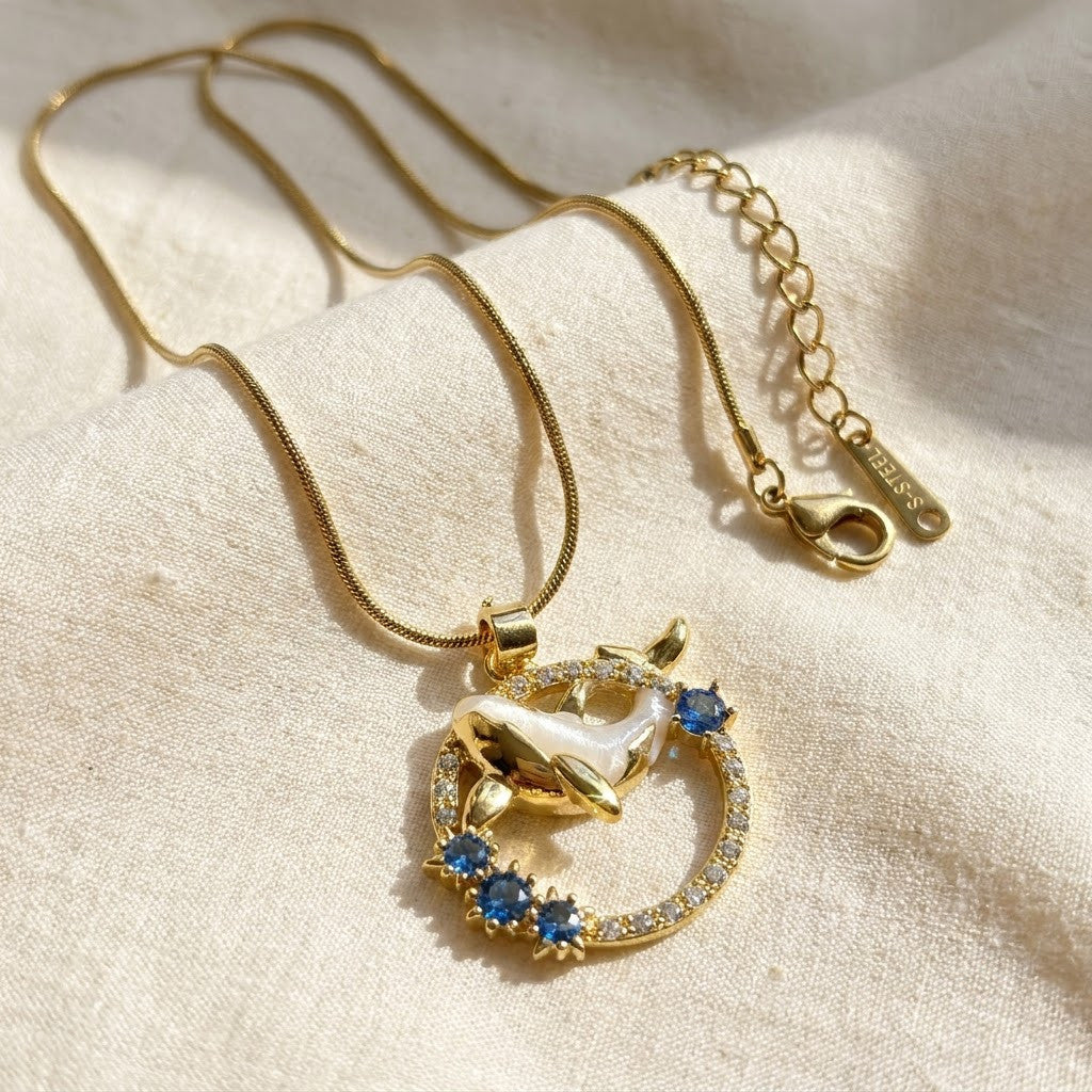 Celestial Swallow Bird & Sapphire Crystal Wreath Necklace - View 3 | ANUSI 18K Gold Jewelry