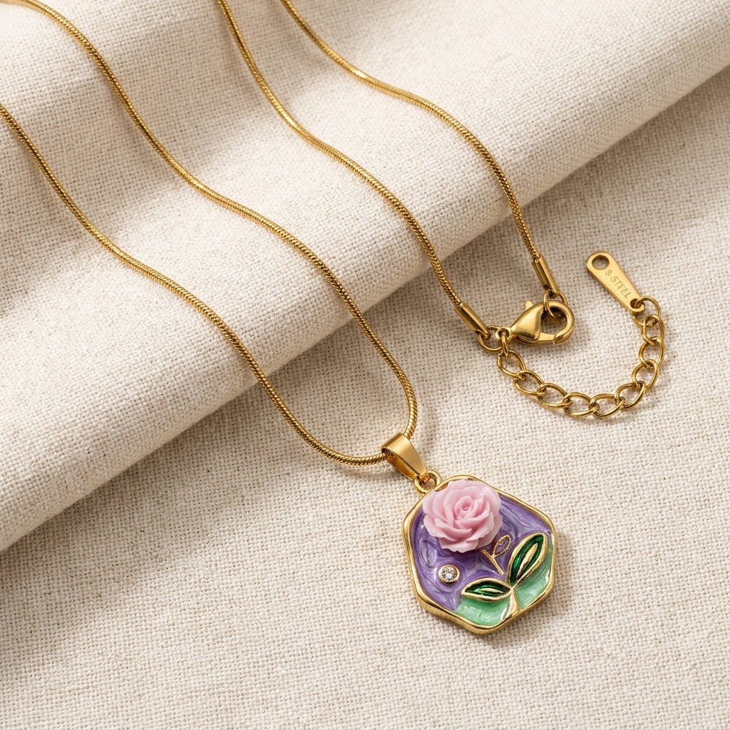 Vintage Lavender Rose Floral Medallion Necklace - View 8 | ANUSI 18K Gold Jewelry