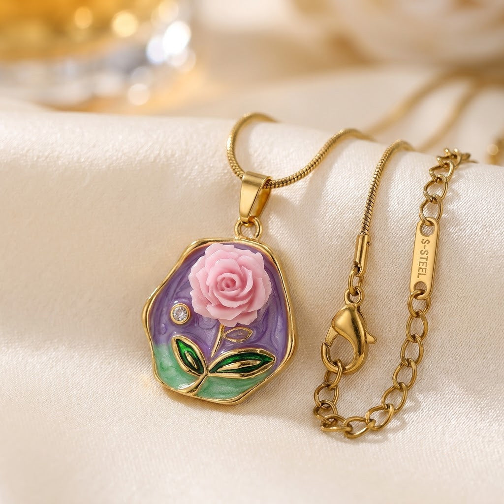 Vintage Lavender Rose Floral Medallion Necklace - View 4 | ANUSI 18K Gold Jewelry