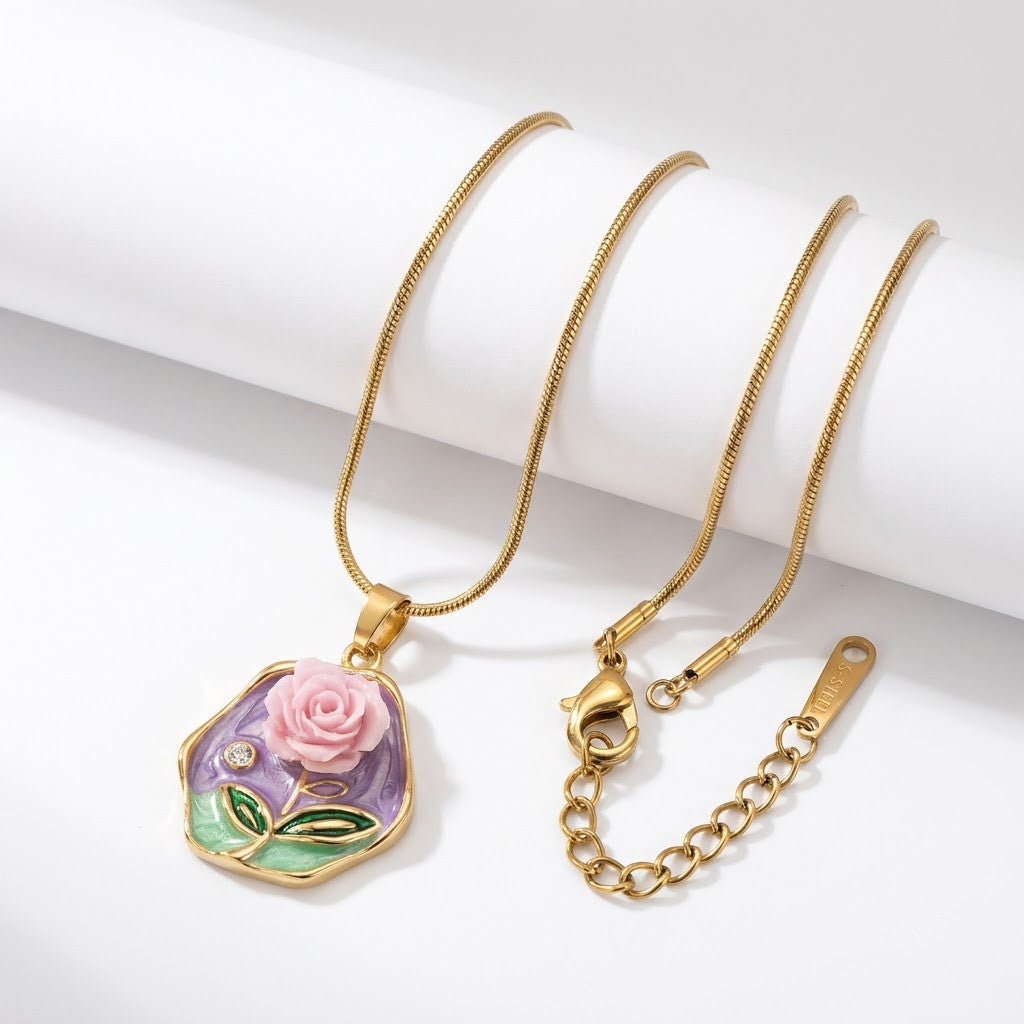 Vintage Lavender Rose Floral Medallion Necklace - View 7 | ANUSI 18K Gold Jewelry