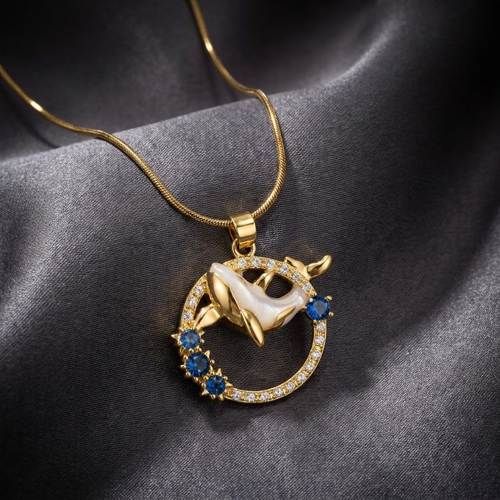 Celestial Swallow Bird & Sapphire Crystal Wreath Necklace - View 2 | ANUSI 18K Gold Jewelry