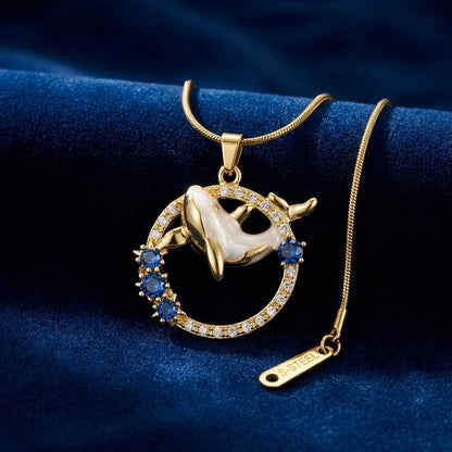 Celestial Swallow Bird & Sapphire Crystal Wreath Necklace - View 1 | ANUSI 18K Gold Jewelry