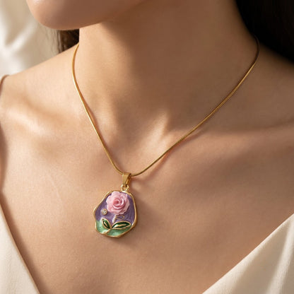 Vintage Lavender Rose Floral Medallion Necklace - View 5 | ANUSI 18K Gold Jewelry