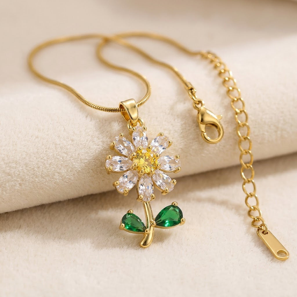 Crystal Daisy Solitaire & Emerald Leaf Stem Necklace - View 4 | ANUSI 18K Gold Jewelry