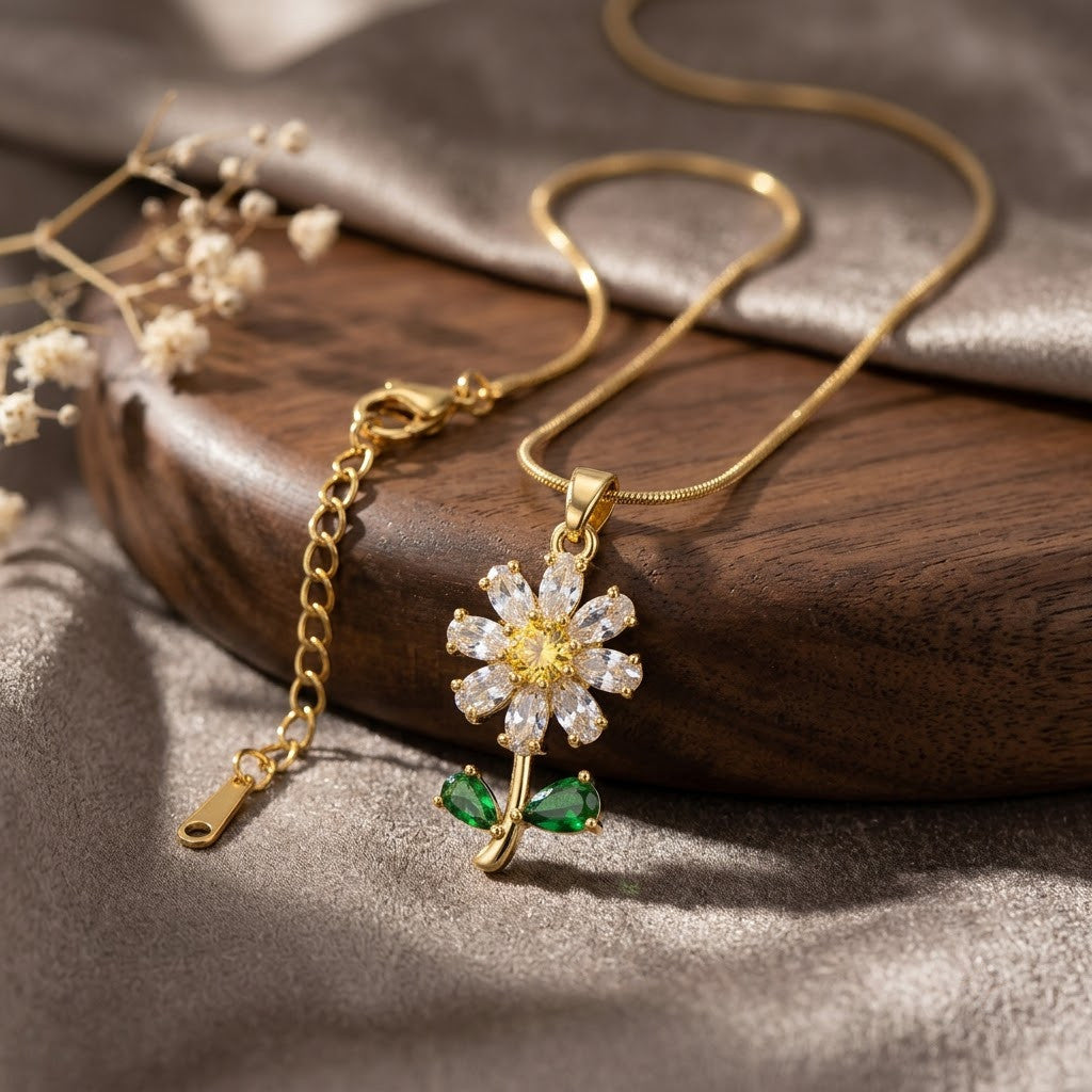 Crystal Daisy Solitaire & Emerald Leaf Stem Necklace - View 3 | ANUSI 18K Gold Jewelry