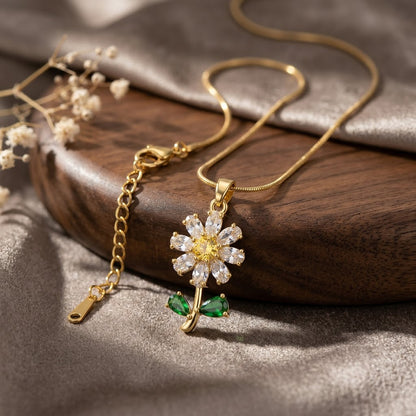 Crystal Daisy Solitaire & Emerald Leaf Stem Necklace - View 3 | ANUSI 18K Gold Jewelry