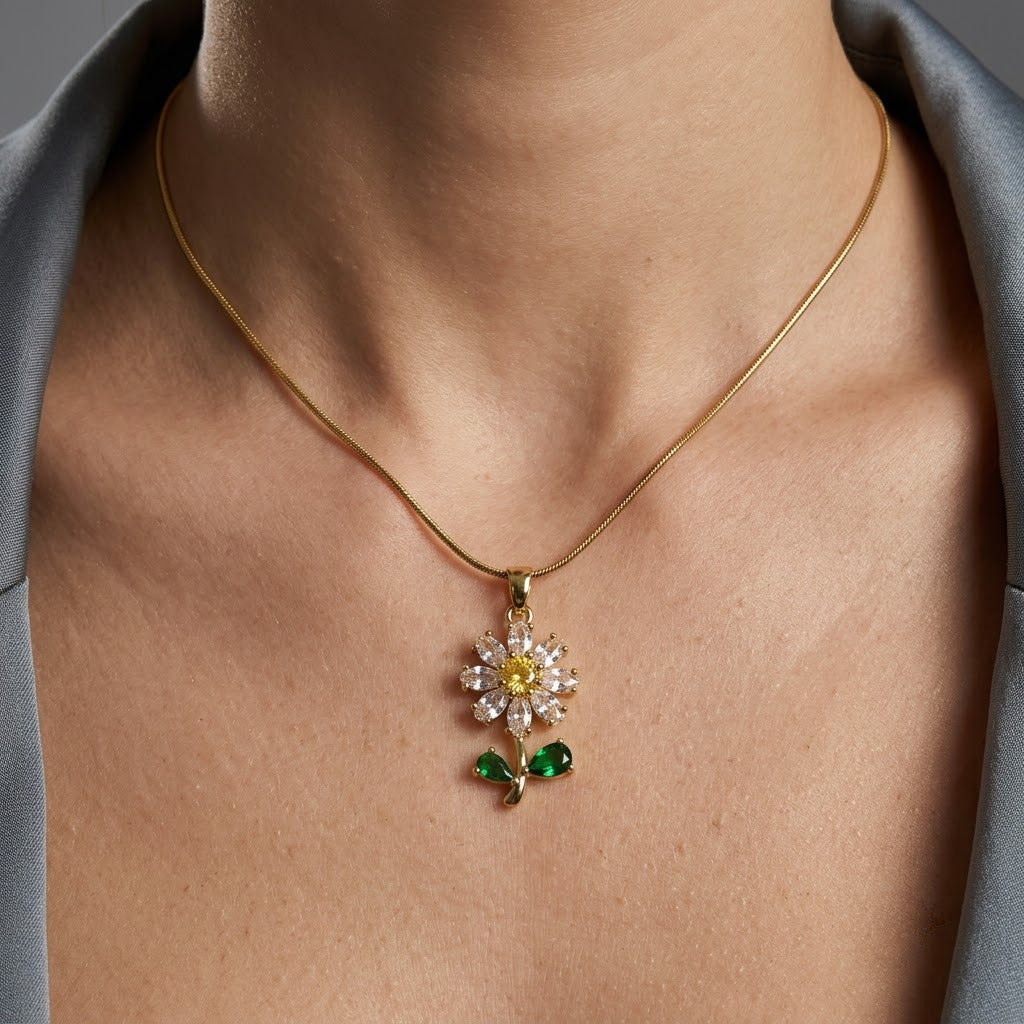 Crystal Daisy Solitaire & Emerald Leaf Stem Necklace - View 5 | ANUSI 18K Gold Jewelry