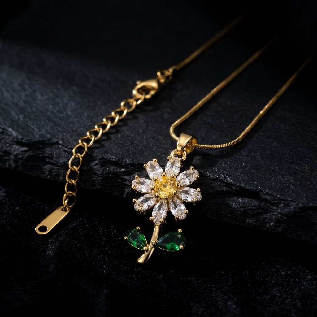 Crystal Daisy Solitaire & Emerald Leaf Stem Necklace - View 6 | ANUSI 18K Gold Jewelry
