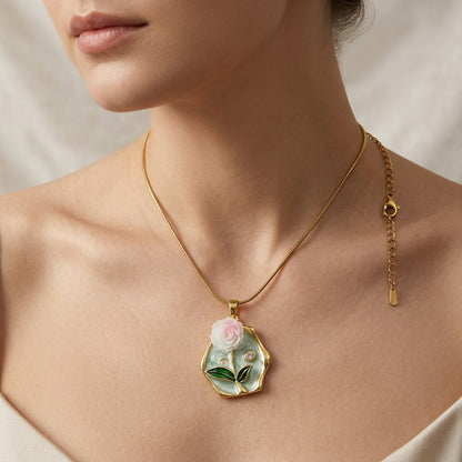 Hexagonal Water Lily Enamel Art Medallion Necklace - View 5 | ANUSI 18K Gold Jewelry
