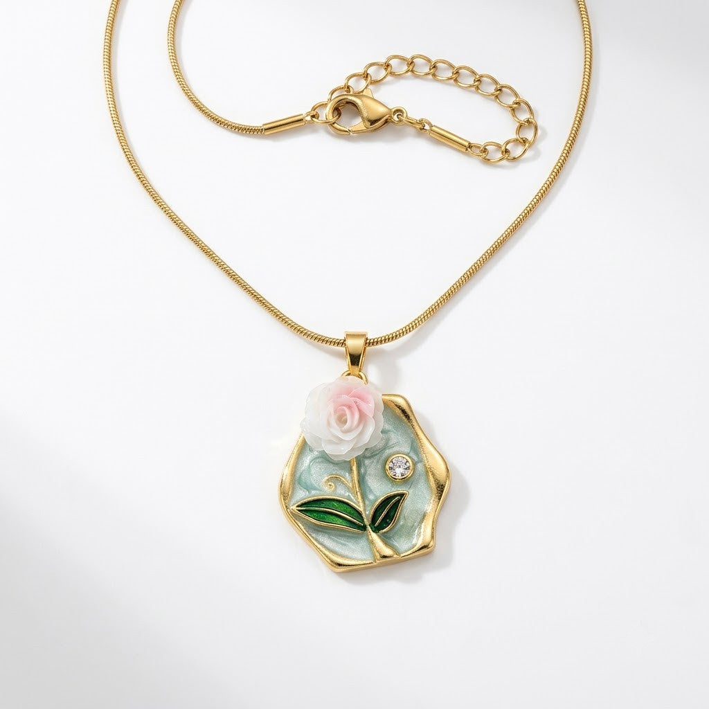 Hexagonal Water Lily Enamel Art Medallion Necklace - View 7 | ANUSI 18K Gold Jewelry