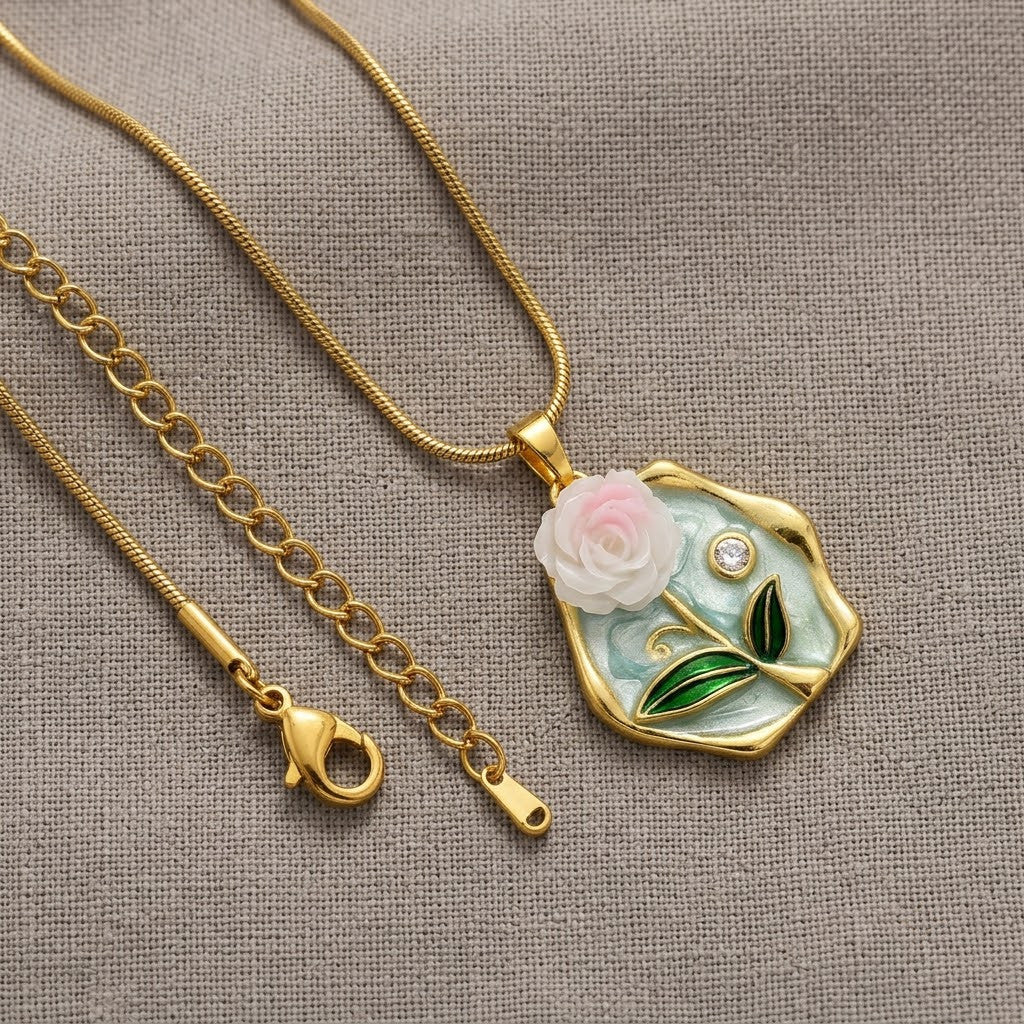Hexagonal Water Lily Enamel Art Medallion Necklace - View 8 | ANUSI 18K Gold Jewelry
