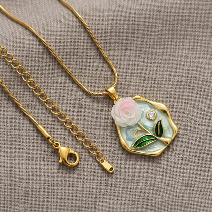 Hexagonal Water Lily Enamel Art Medallion Necklace - View 8 | ANUSI 18K Gold Jewelry