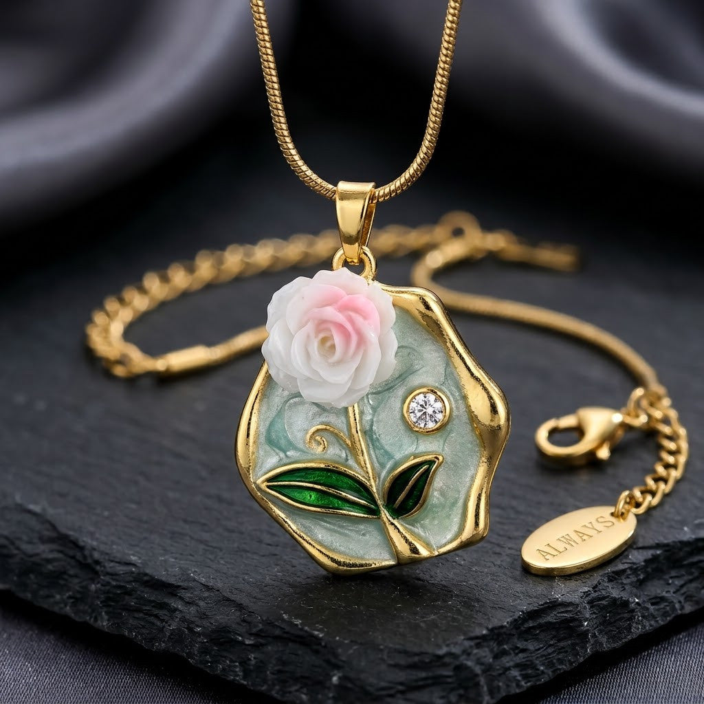 Hexagonal Water Lily Enamel Art Medallion Necklace - View 4 | ANUSI 18K Gold Jewelry