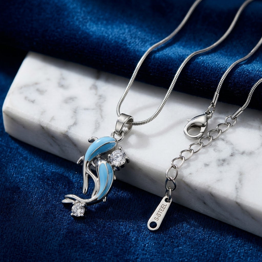 Ocean Leaping Dolphin Crystal & Blue Enamel Necklace - View 1 | ANUSI Silver Demi-Fine Jewelry
