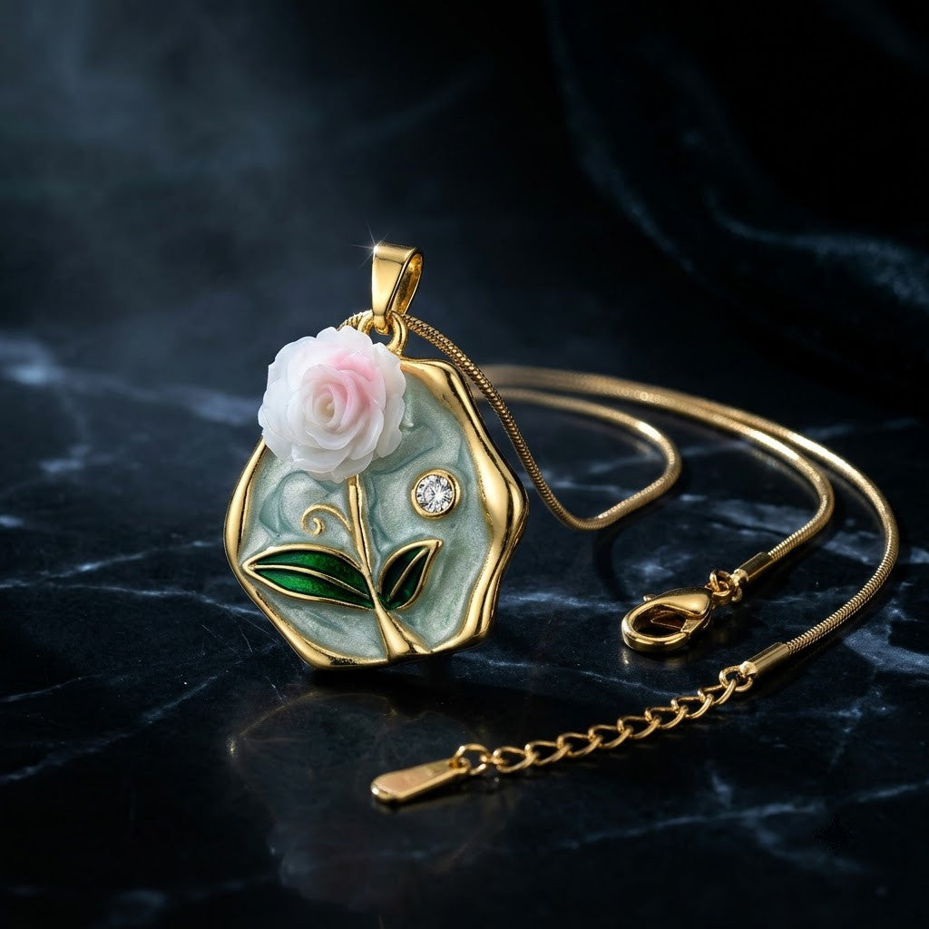 Hexagonal Water Lily Enamel Art Medallion Necklace - View 6 | ANUSI 18K Gold Jewelry