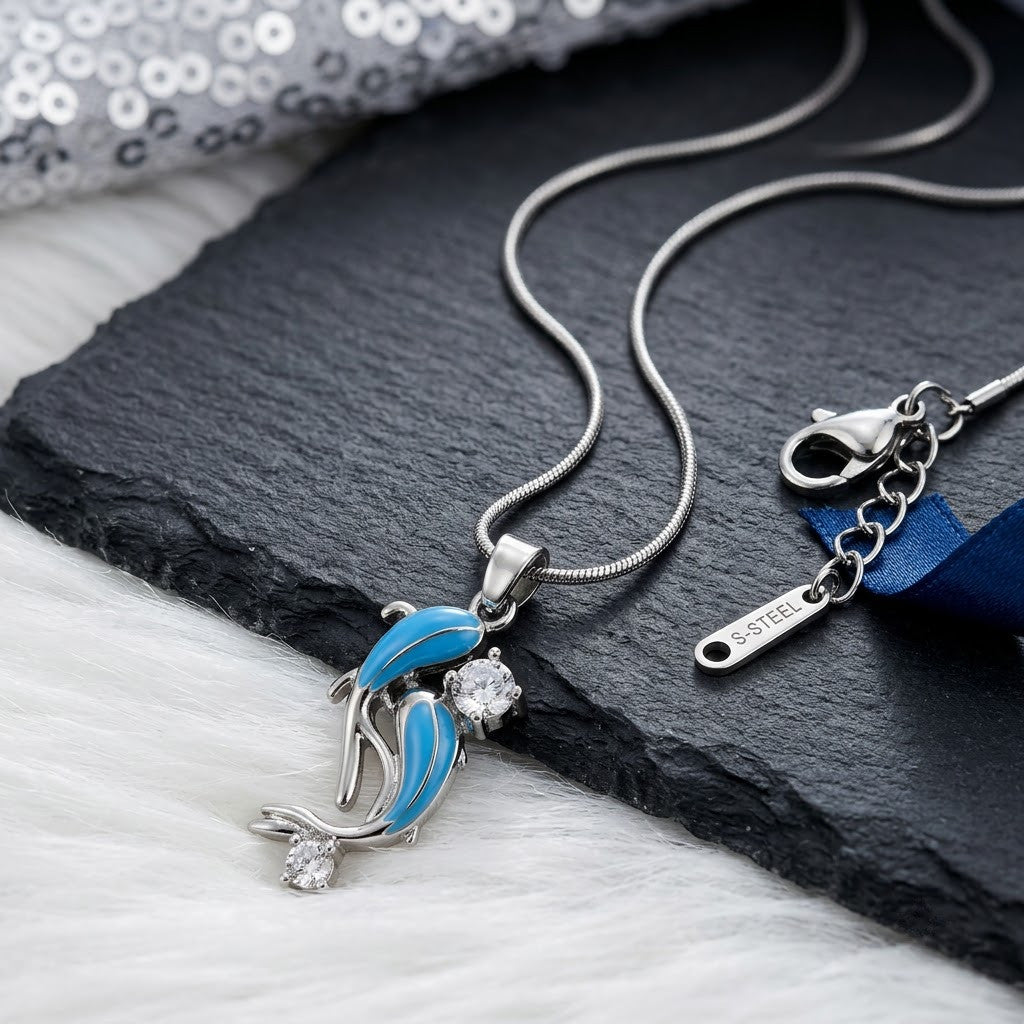 Ocean Leaping Dolphin Crystal & Blue Enamel Necklace - View 2 | ANUSI Silver Demi-Fine Jewelry