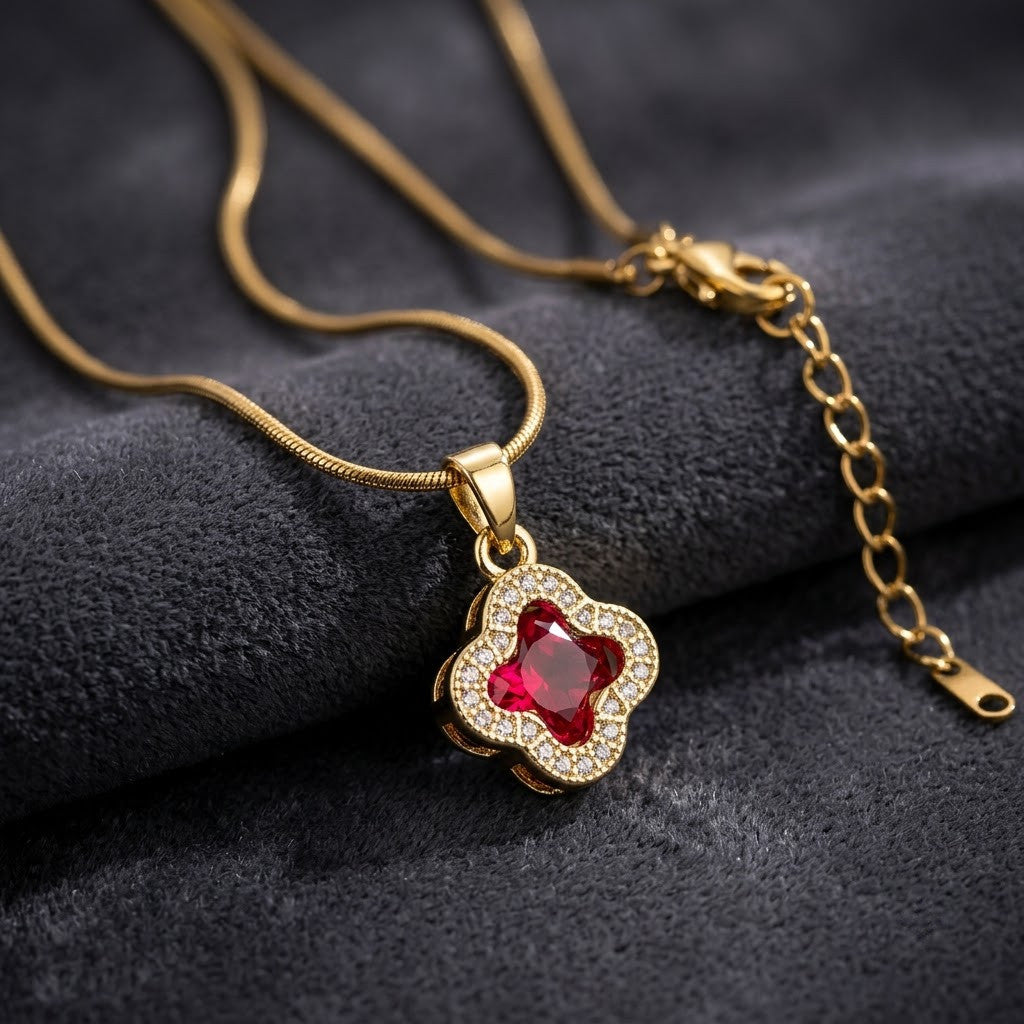 Ruby Red Crystal Four-Leaf Lucky Clover Necklace - View 2 | ANUSI 18K Gold Jewelry